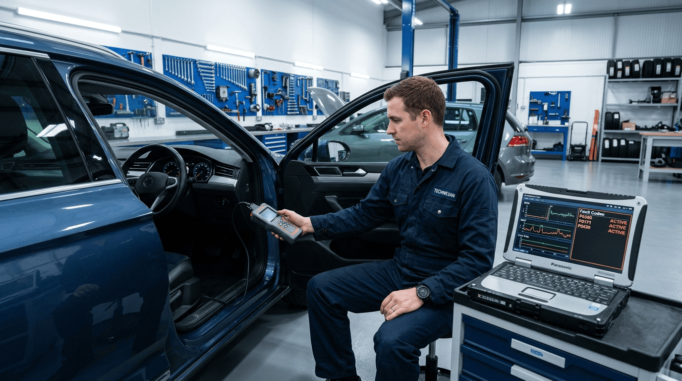Técnico trabajando con herramientas digitales de diagnóstico